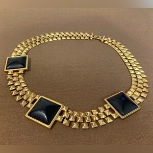 Vintage Monet Stamped Gold Toned and Black Square Geometric Necklace Choker/Bib
